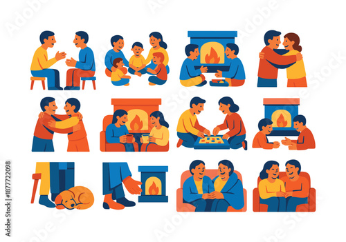 Cozy Fireplace Moments. Fireplace bonding. Colorful flat vector icons set of fireplace bonding: two friends chatting, family sitting circle, sharing stories,