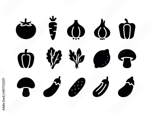 Fresh Ingredients Icons. Fresh ingredients. Solid icon set of fresh ingredients: tomato, carrot, onion, garlic bulb, bell pepper, leafy greens, herbs bunch,