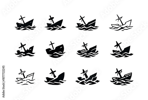 Sunken Ships Logos. sunken ships. Icon set. Set Logo of sunken ships: broken mast. harmonious logo variations of the same emblematic concept, each with