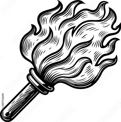 Flaming torch with wooden handle vintage fire illustration, bright flame, camping, adventure, light source symbol