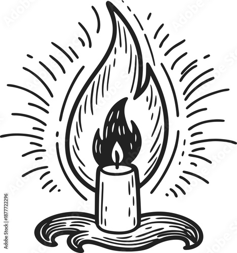 Candle with large flame illustration, glowing light, warmth and spiritual symbol, hand drawn black and white design