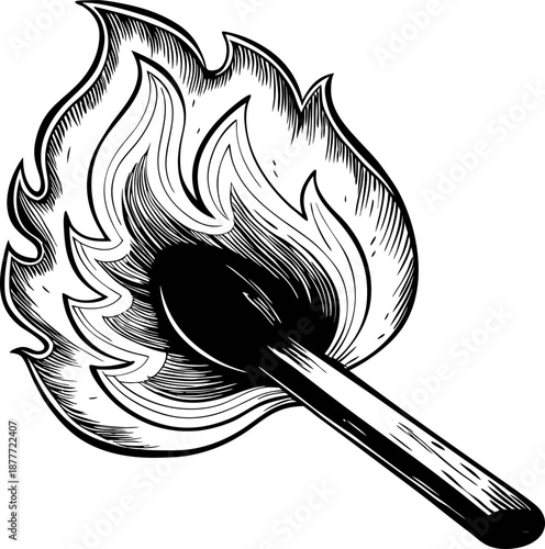 vintage black and white illustration of a burning matchstick with detailed flames and textured shading