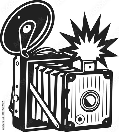 Vintage box camera with flash retro equipment illustration, classic capturing device and old fashioned picture taking