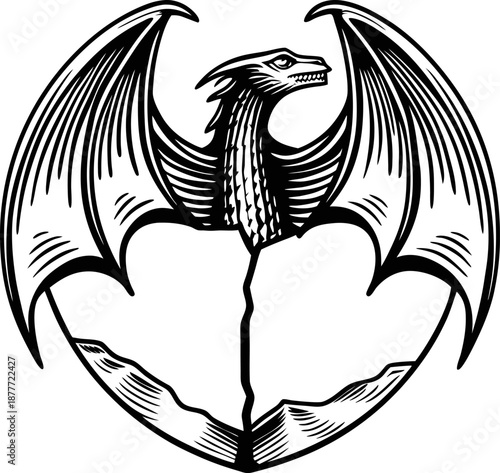 black and white dragon emblem with outstretched wings and stylized body in circular tattoo design