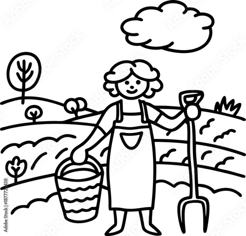 Gardener holding bucket and shovel in field landscape with trees, cloud, and hills