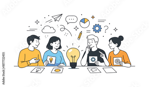 Creative Brainstorming Session. Creative problem solving. Team brainstorming solutions around light bulb icons and idea cards, calm collaboration and