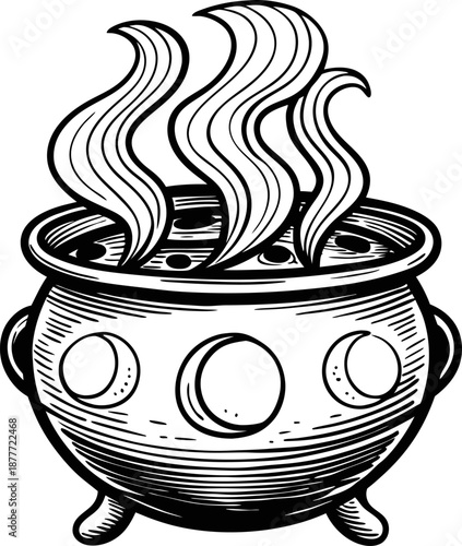 magic cauldron with rising smoke, mystical pot for potion brewing or witchcraft ritual