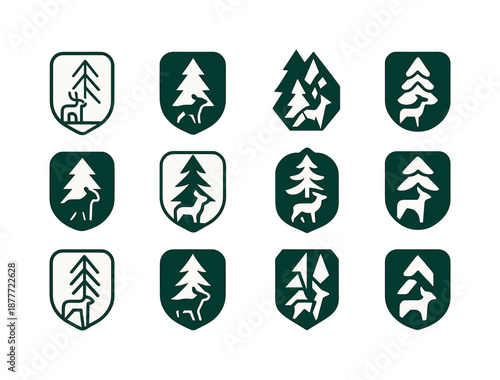Eco-Tourism Logo Set. Eco-tourism with wildlife preservation. Icon set. Set Logo of eco-tourism with wildlife preservation: protected forest emblem. harmonious