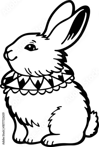 Cute rabbit wearing decorative collar sitting calmly with upright ears and curious expression