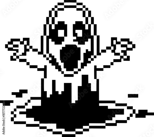 Pixel art ghost emerging from dark portal, retro 8 bit style, spooky game character design