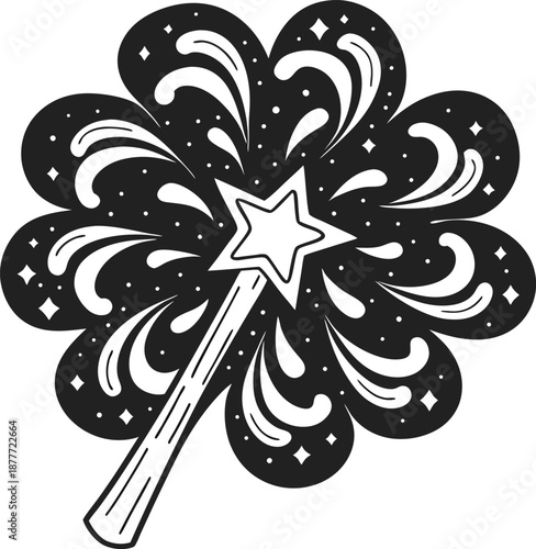 Magic wand with sparkling star and swirling magical energy bursts, fantasy and enchantment concept illustration