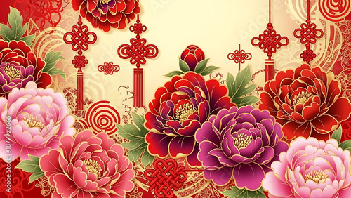 Luxurious Red Peonies and Traditional Chinese Knots for Lunar New