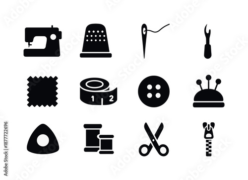 Sewing Craft Icons. Sewing craft. Solid icon set of sewing craft: sewing machine, thimble, needle threader, seam ripper, fabric swatch, measuring tape, button,
