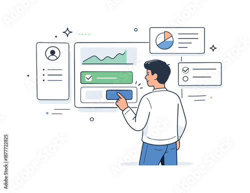 Digital Interface Interaction. People interacting with digital interfaces. Person navigating a clean dashboard, tapping buttons and cards on a floating screen.