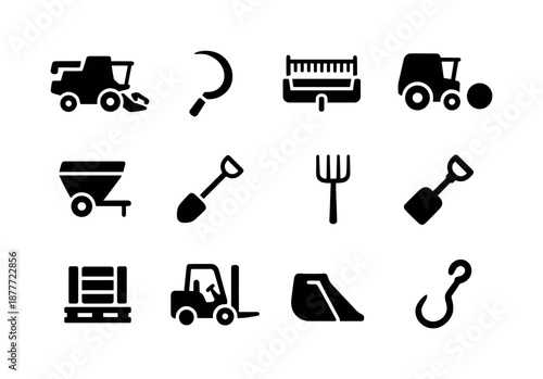 Black Harvesting Tools Icons. Harvesting tools. Solid icon set of harvesting tools: combine harvester, sickle, grain header, baler, grain cart, shovel,