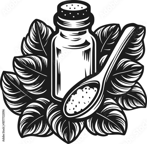 Salt shaker and spoon with salt surrounded by basil leaves natural seasoning and cooking ingredient concept in black and white
