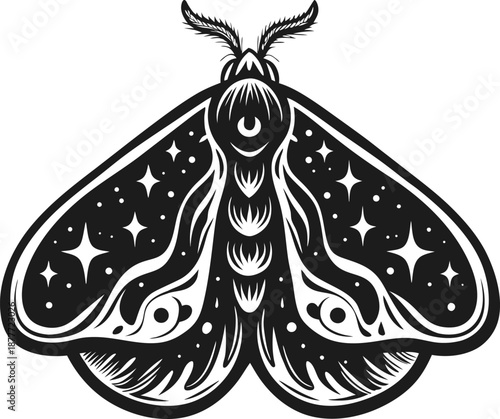 moth illustration with starry night wings and detailed antennae in black and white design