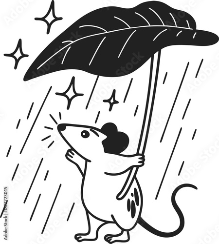 Mouse holding large leaf umbrella in rain with stars shining, cute animal sheltering from storm