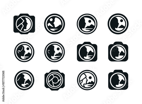 Travel Photography Icons. Travel photography and cultural portraits. Icon set. Set Logo of travel photography and cultural portraits: lens reflecting