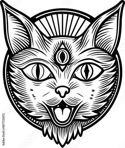 Illustration of a mystical three eyed cat head with detailed line art and a halo background design