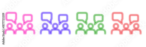 Four colorful neon icon sets depicting groups of people in conversation with speech bubbles, isolated on a transparent background, representing communication and discussion in a modern digital style.