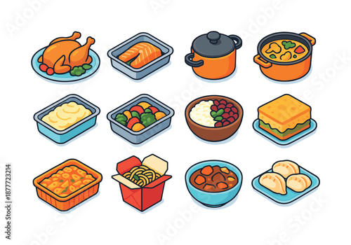 Colorful Meal Prep Icons. Meal prep dinners. Colorful isometric vector icons set of meal prep dinners: roasted chicken plate, salmon tray, veggie curry pot,