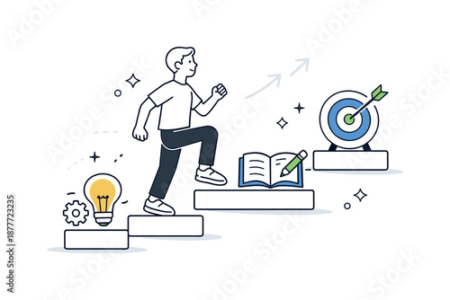 Steady Growth Journey. Continuous improvement. Person climbing small steps made of ideas and skills, symbolizing steady personal growth. Light dynamic feeling