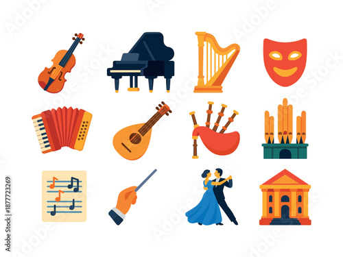 European Music Icons. European music heritage. Colorful flat vector icons set of European music heritage: violin, classical piano, harp, opera mask, accordion,