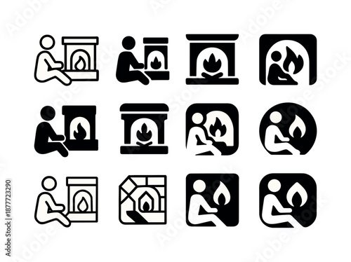 Fireplace Logo Variations. People enjoying a warm fire in the fireplace. Icon set. Set Logo of people enjoying a warm fire in the fireplace: person sitting by