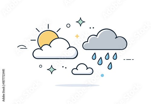 Spring Weather Symbols. Spring weather mood. Abstract weather symbols floating freely, showing a mix of sunshine and soft rain. The illustration feels modern,
