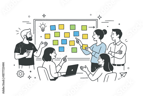 Creative Team Collaboration. Office brainstorming session. Team gathered around a board covered with colorful sticky notes. Active idea exchange and creative