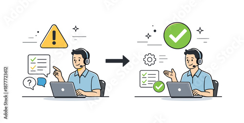 Effortless Issue Resolution. Problem resolution. Support specialist fixing an issue symbolized by a warning icon turning into a checkmark. Clear step-by-step