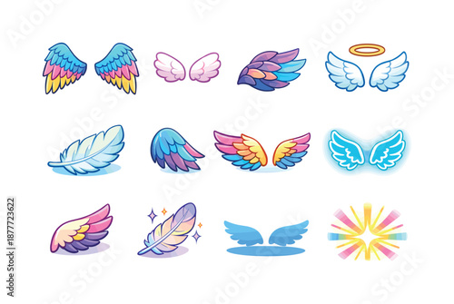 Colorful Angel Wings Icons. Angel wings. Colorful isometric vector icons set of angel wings: large feathered wings, small cherub wings, layered wing feathers,
