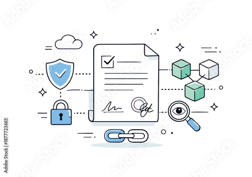 Digital Trust Illustration. Digital trust and transparency. Abstract contract document combined with blockchain symbols, calm and reassuring atmosphere. Open