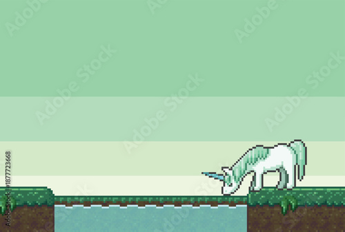 ドット絵のユニコーンが小川の水を飲んでいるファンタジーゲーム風背景素材