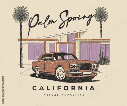 Vintage car In Front of hotel. California road trip design. America vintage resort artwork. Palm springs watercolor graphic print design for t shirt print, poster, sticker, background and other uses.