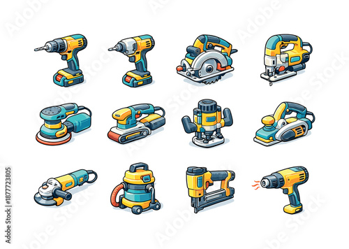 Colorful Power Tools Icons. Power tools. Colorful isometric vector icons set of power tools: drill, impact driver, circular saw, jigsaw, orbital sander, belt