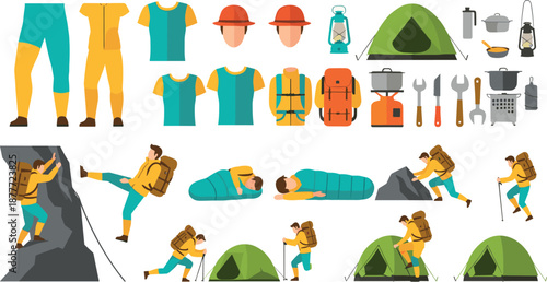 Camping and hiking adventure vector set with outdoor gear, backpacker activities, climbing, tents and survival equipment for travel and nature illustration design isolated on white background