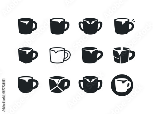 Chipped Mug Logos. Chipped Mug. Icon set. Set Logo of chipped mug: worn handle curve. harmonious logo variations of the same emblematic concept, each with