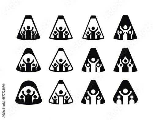 Standing Ovation Icons. Standing ovation. Icon set. Set Logo of standing ovation: spotlight on audience. harmonious logo variations of the same emblematic