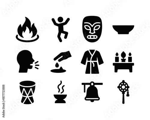 Symbolic Ritual Icons. Symbolic rituals. Solid icon set of symbolic rituals: fire circle, sacred dance, ritual mask, offering bowl, chanting icon, purification