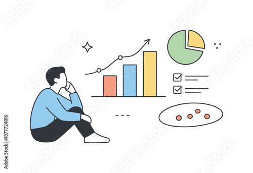 Reflective Data Insight. Minimal Editorial Art ? Thoughtful Analysis. A single figure observing charts or abstract data shapes, placed with generous white