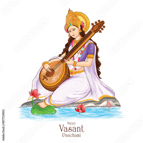 Beautiful vasant panchami indian festival with goddess saraswati card design