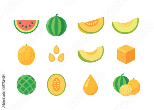 Colorful Melon Icons. Melons. Colorful flat vector icons set of Melons: watermelon slice, whole watermelon, cantaloupe wedge, honeydew slice, galia melon,
