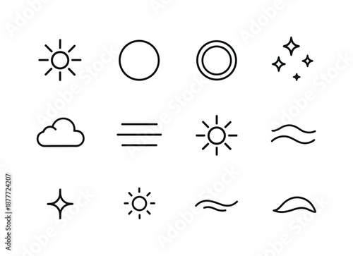 Atmospheric Light Icons. Atmospheric light. Line icon set of Atmospheric light: radiant beam, soft halo, glow ring, sky shimmer, drifting cloud, haze band, sun