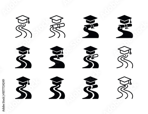 Personalized Learning Icons. Personalized learning paths. Icon set. Set Logo of Personalized learning paths: Road winding to diploma: Symmetrical form,