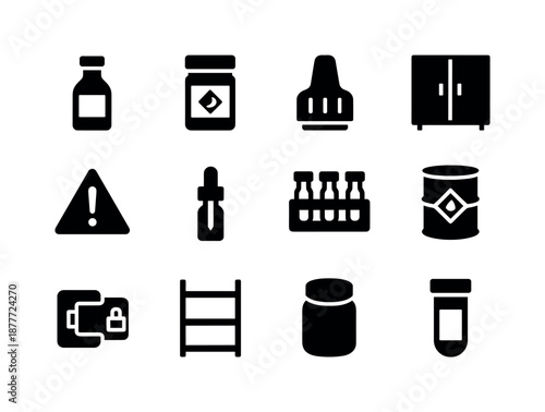 Chemical Storage Icons. Chemical storage. Solid icon set of Chemical storage: reagent bottle, labeled container, safety cap, storage cabinet, caution sticker,