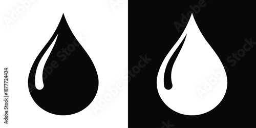 Stylized water droplet icons in black and white contrast, emphasizing symmetry and negative space. Ideal for UI design, eco branding, minimal art, and visual perception themes.