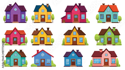 Collection of twelve brightly colored cartoon houses featuring various architectural styles and designs