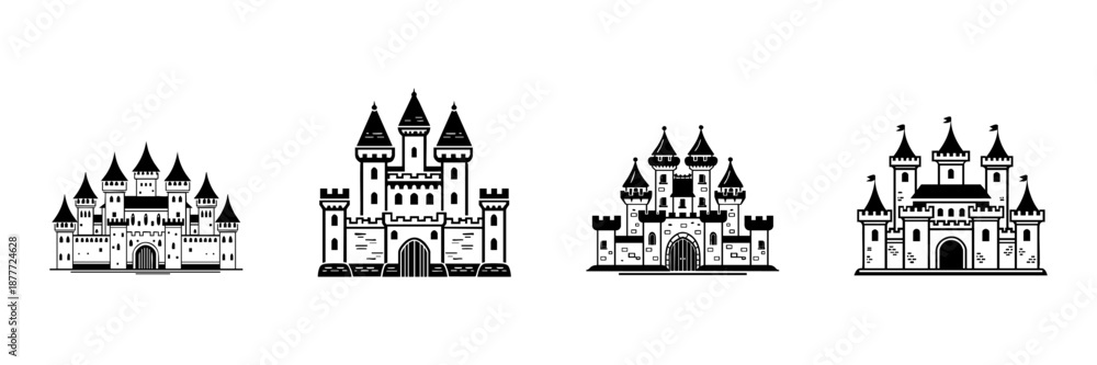 Obraz premium Medieval Castle Icons In Hand Drawn Style Set. Fantasy Architecture, Fairytale Fortress, Historical Landmark Doodle Sketch Collection. Isolated Vector Illustration